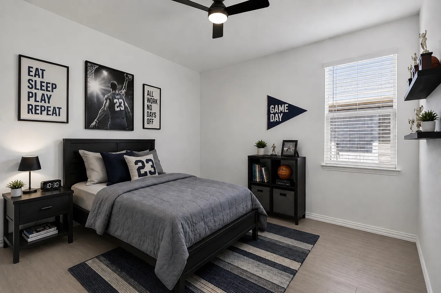 Recessed lighting, ceiling fan, wood-finish flooring, single window, and floating shelves