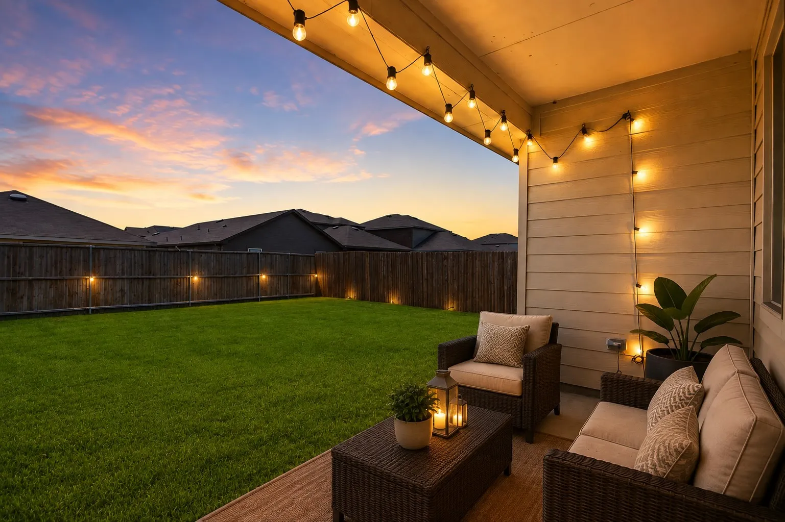 Covered patio with recessed lighting, string lighting, and a fenced backyard with ground lighting