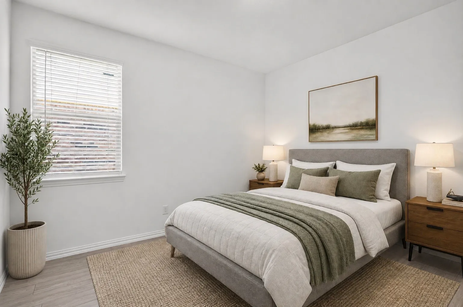 Window with blinds, light-toned walls, wood-finish flooring, and a built-in wall outlet