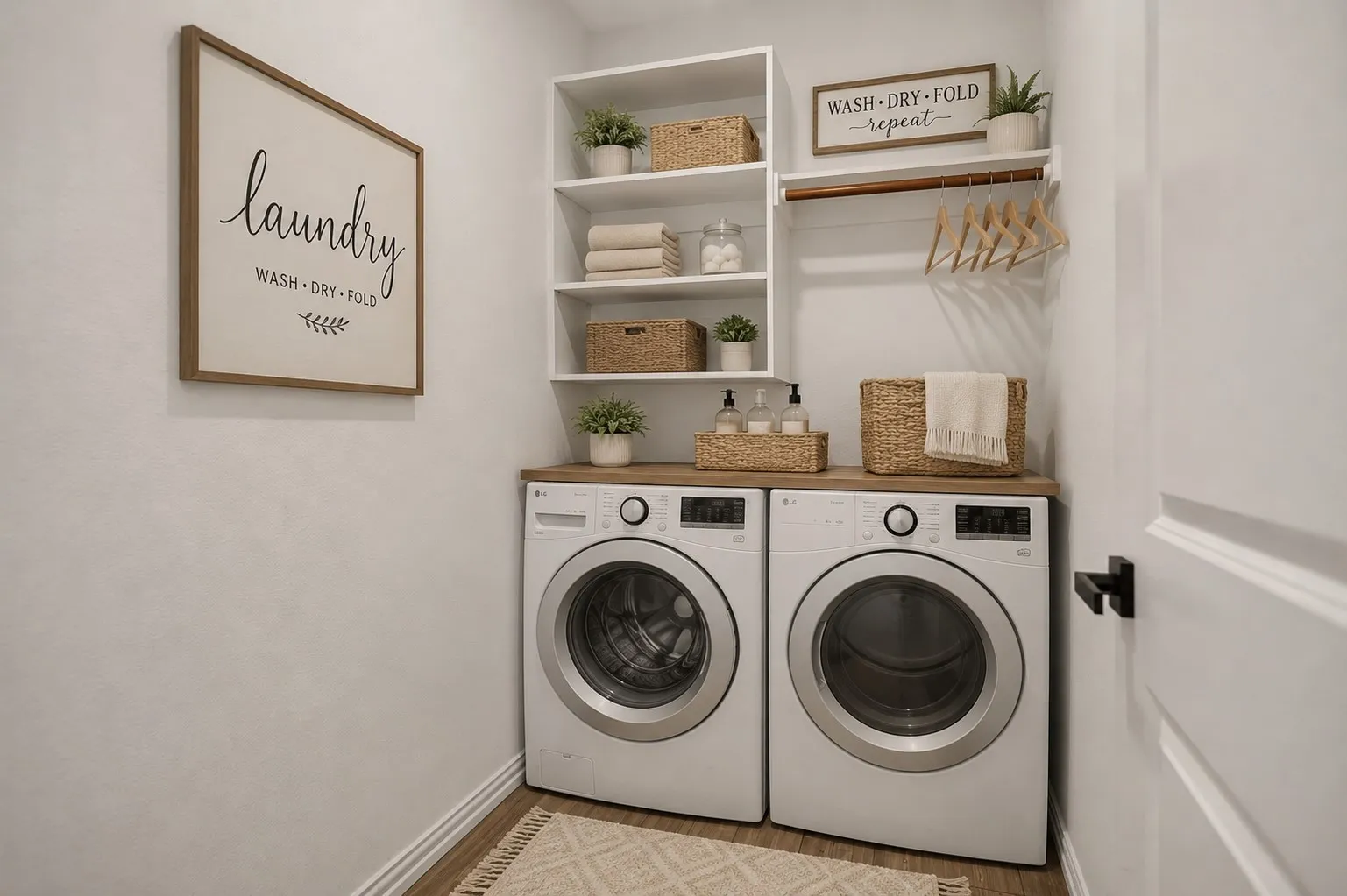 Front-load washer and dryer units, wood-finish countertop, built-in shelving, and a garment hanging rod