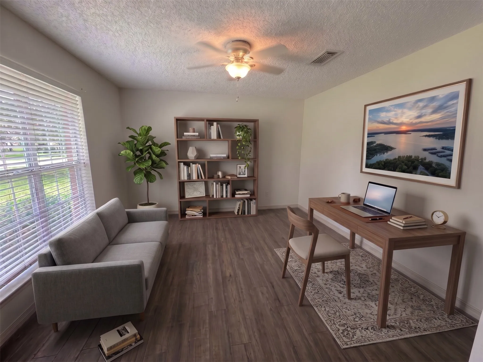 Virtually staged with furniture and ceiling fan