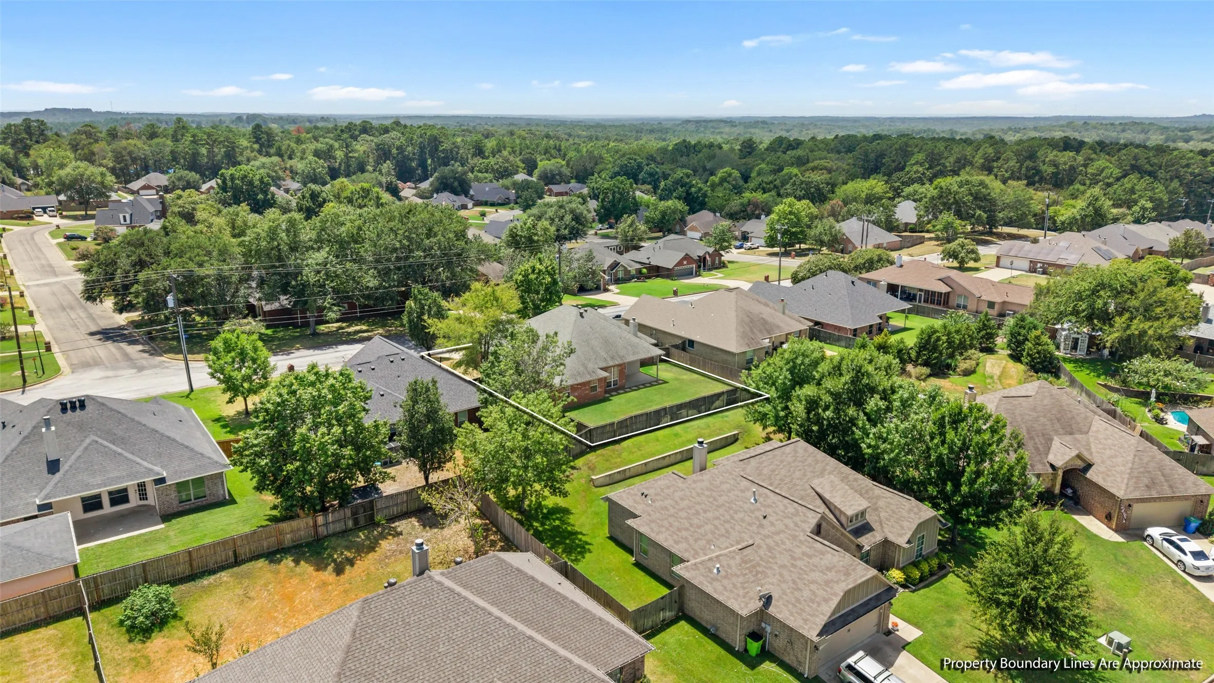 Suburban neighborhood with mature trees and paved streets