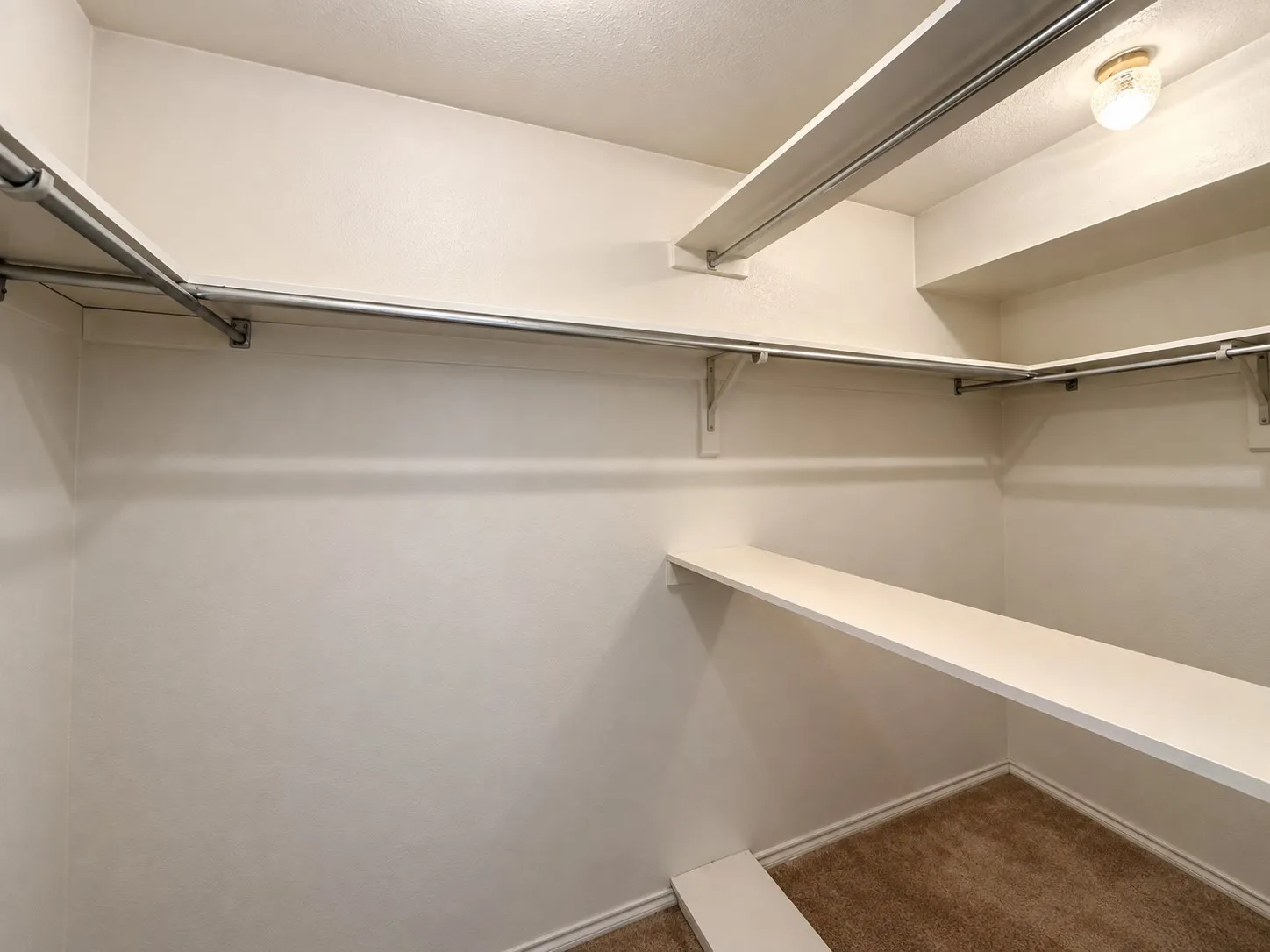Built-in shelving, hanging rods, recessed ceiling light, and carpeted flooring