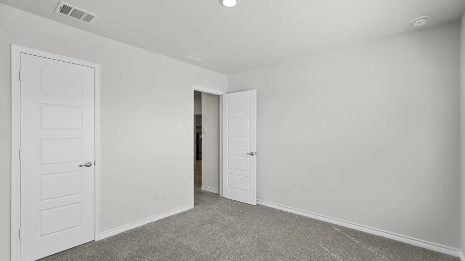 Light gray wall paint, textured gray carpet, white five-panel interior doors, ceiling-mounted lighting, and white trim