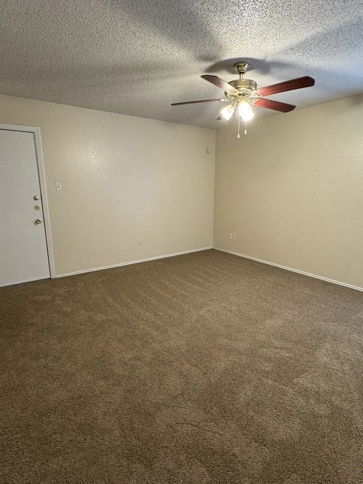 Carpeted spare room with ceiling fan and a textured ceiling