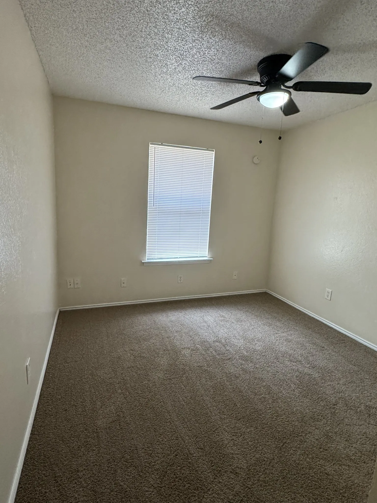 Carpeted spare room featuring ceiling fan and a textured ceiling