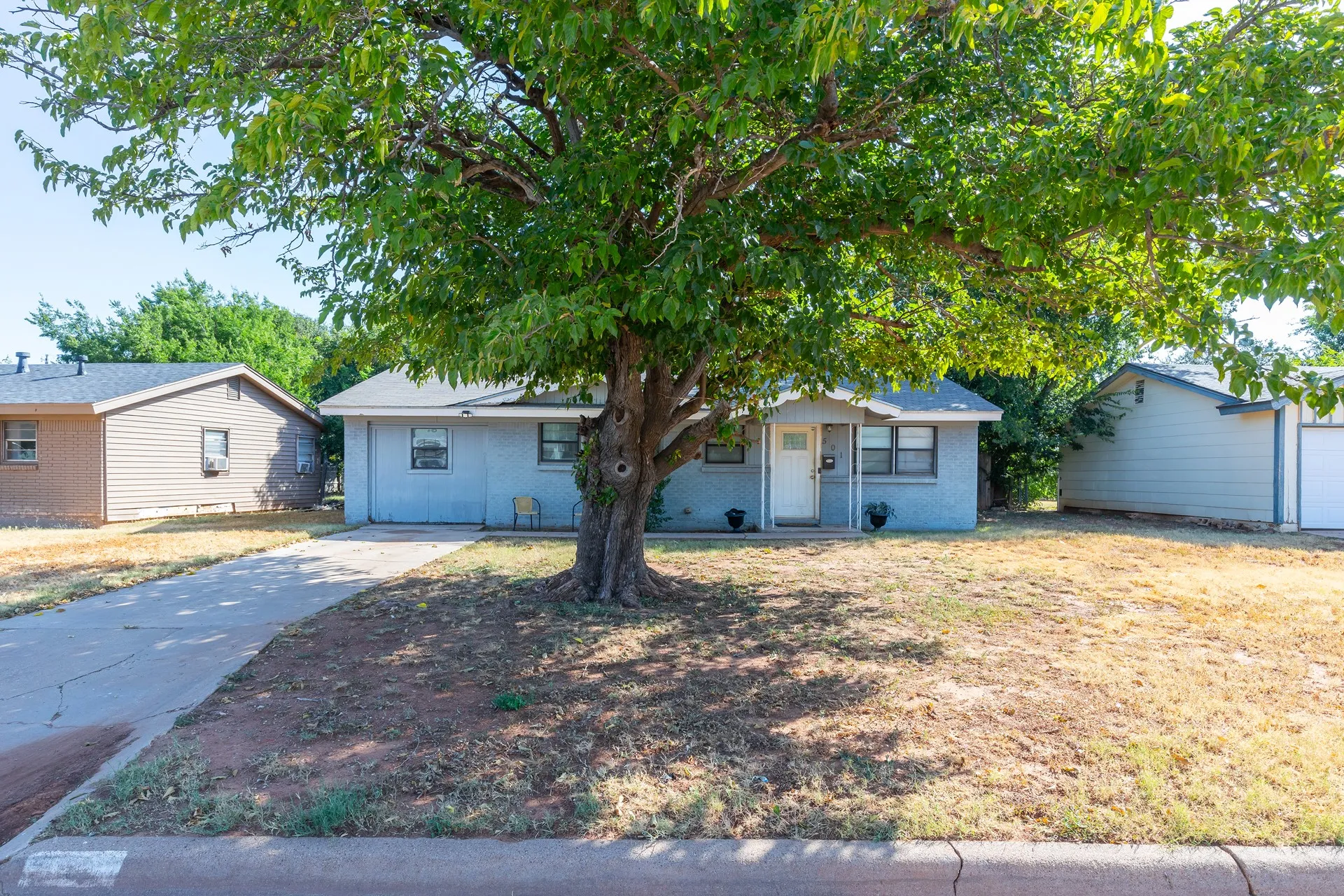 Gray stucco exterior featuring a white entry door, multiple windows, and a mature shade tree