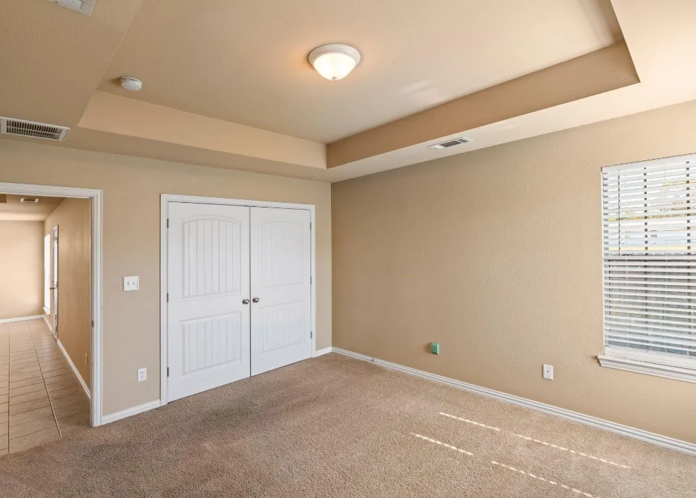 Tray ceiling with flush mount lighting, carpeted flooring, and a window with horizontal blinds