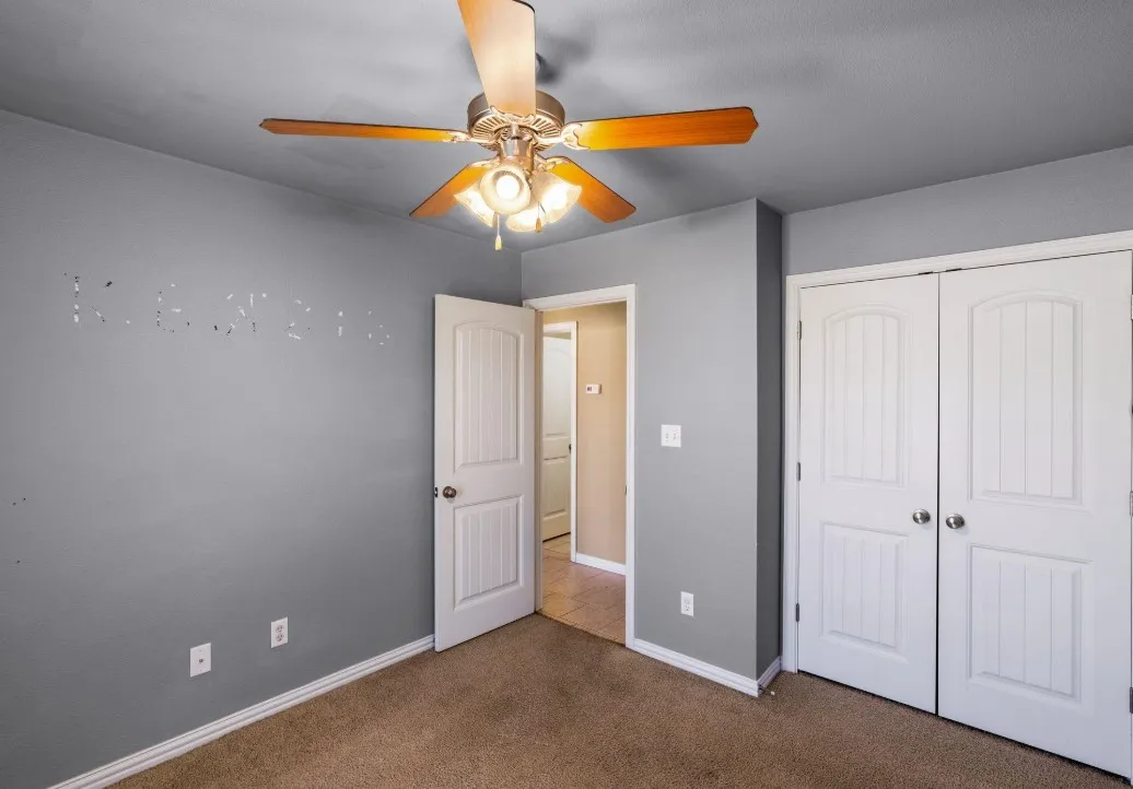 Ceiling fan with light fixture, gray painted walls, and white paneled doors