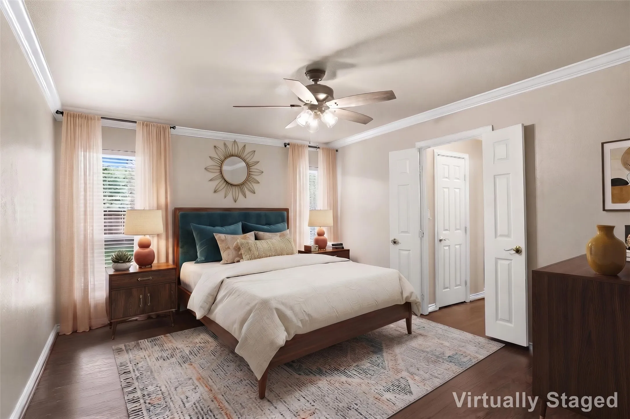 Recessed windows with blinds, crown molding, wood-finish flooring, and a ceiling fan with light fixture