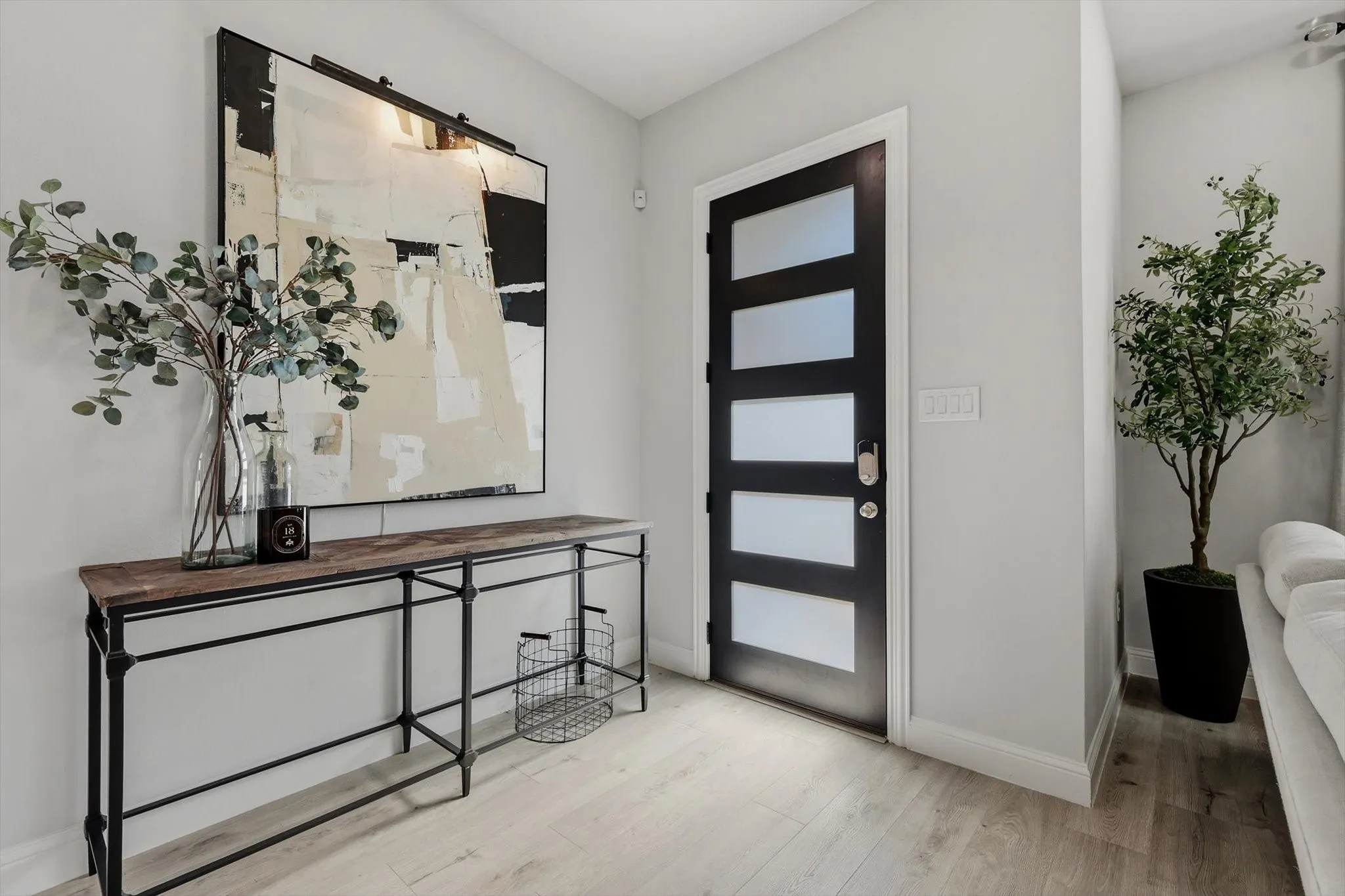 Entryway featuring a modern frosted glass door.