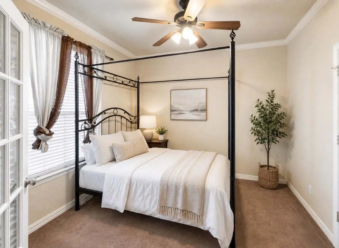 Warm neutral paint, crown molding, and a ceiling fan create a comfortable atmosphere