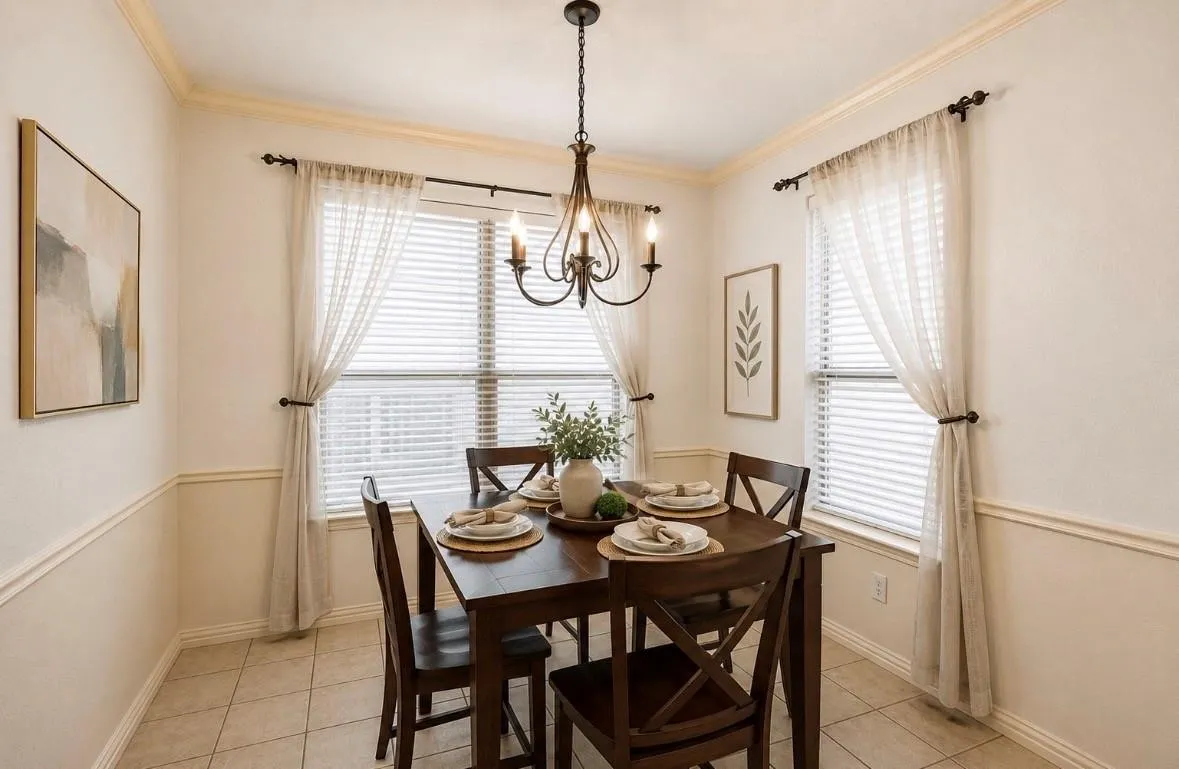 Dining space featuring tiled flooring, wainscoting, crown molding, and a chandelier