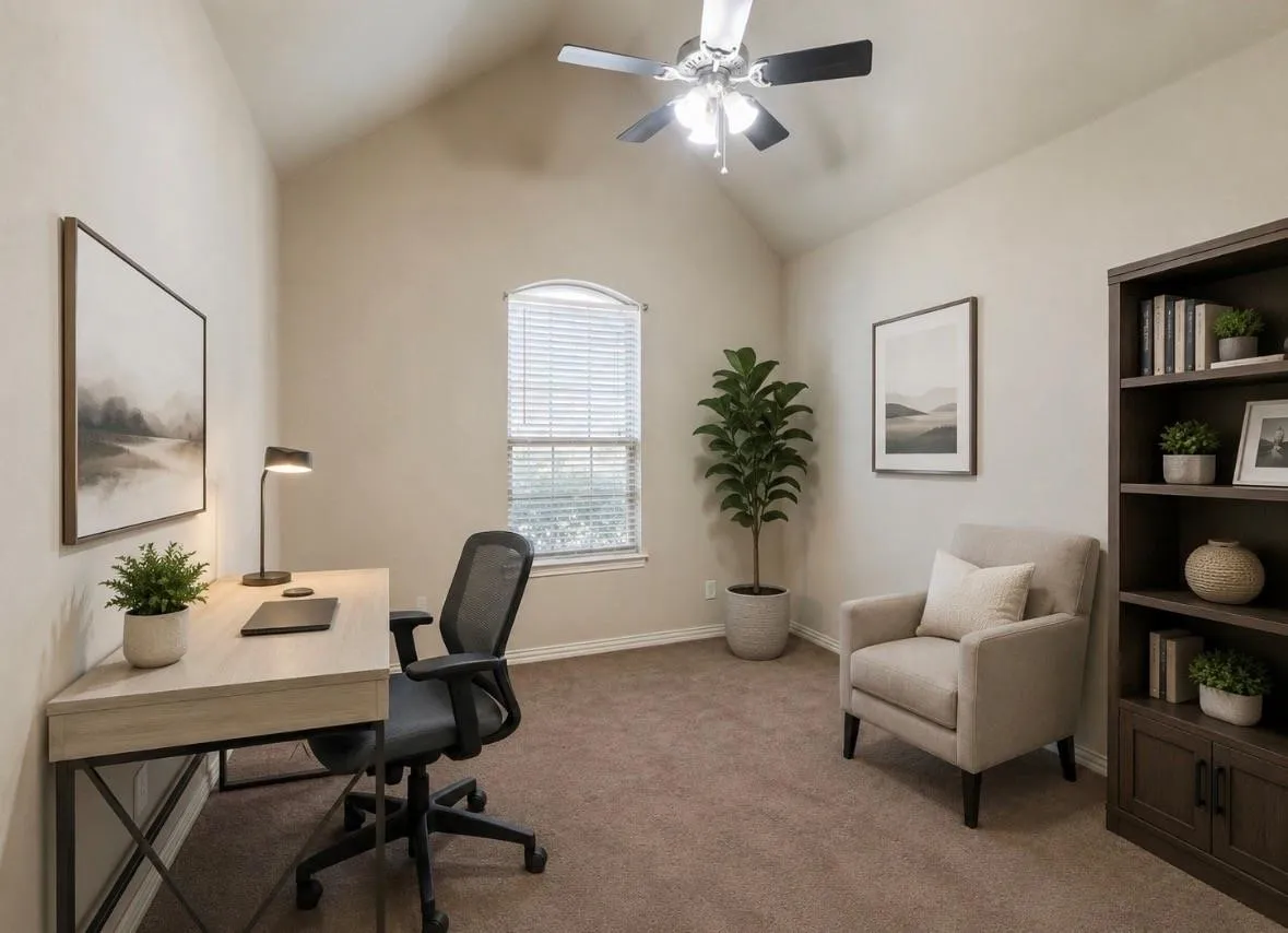 Vaulted ceiling with a ceiling fan, arched window with blinds, and built-in shelving unit