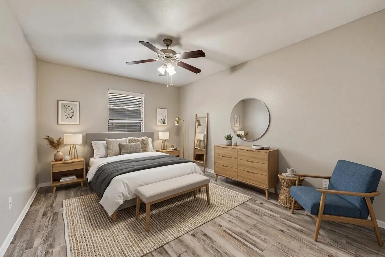 Wood-finish flooring with a neutral wall color