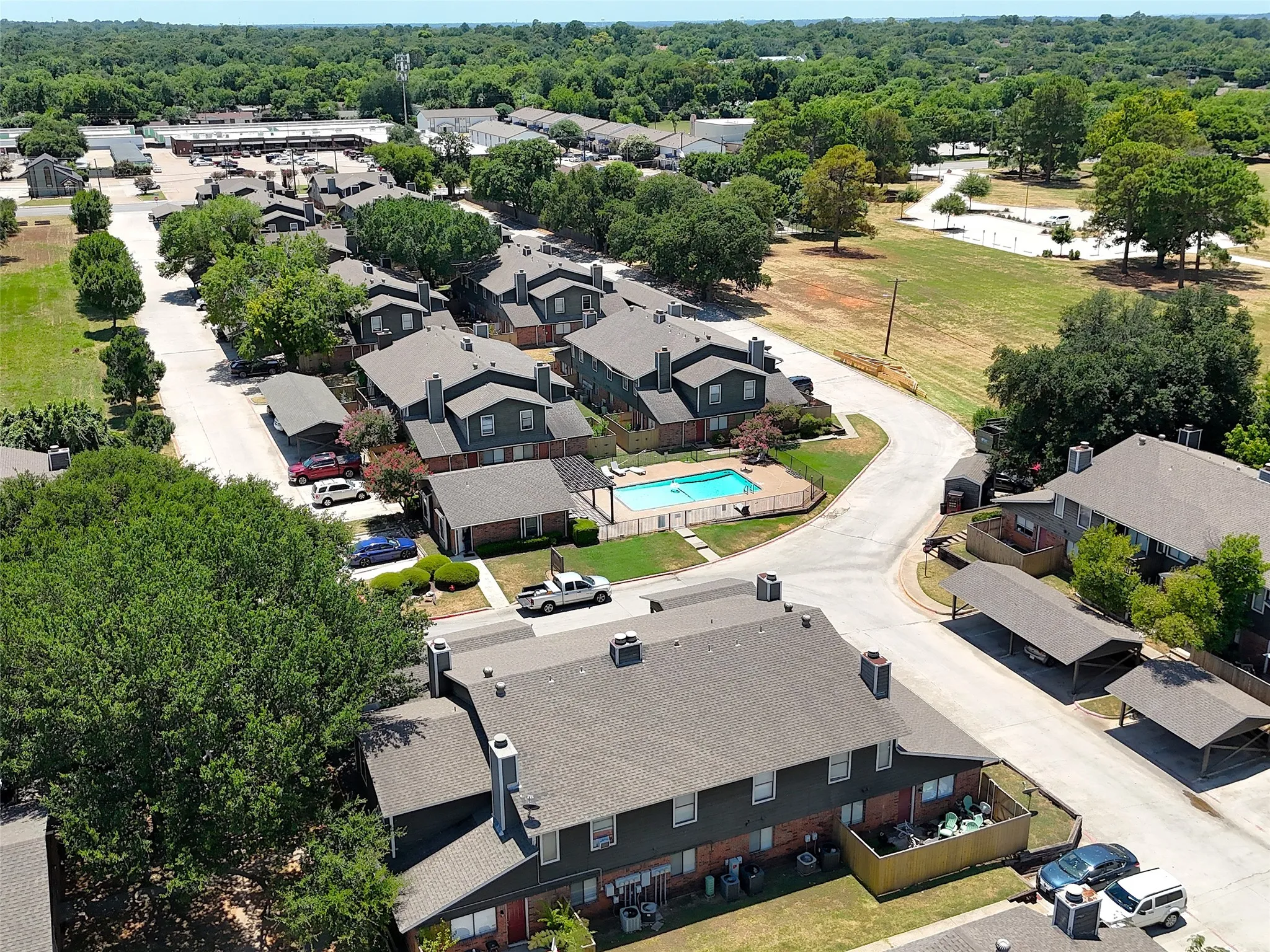 Community setting with multiple two-story residential structures