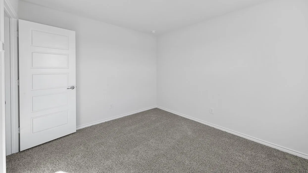 White interior door with modern paneling, neutral wall color, and grey carpet flooring