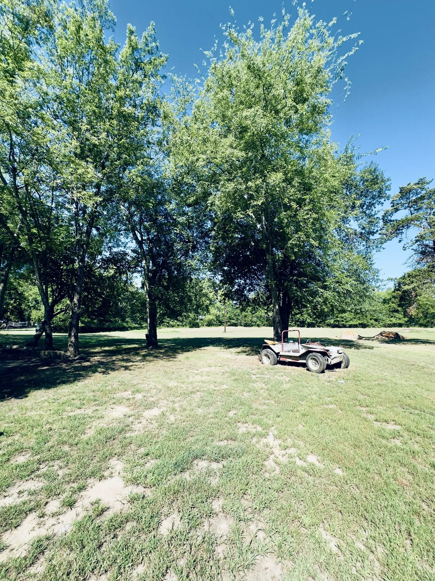 Expansive grassy grounds featuring mature trees and open-sky views