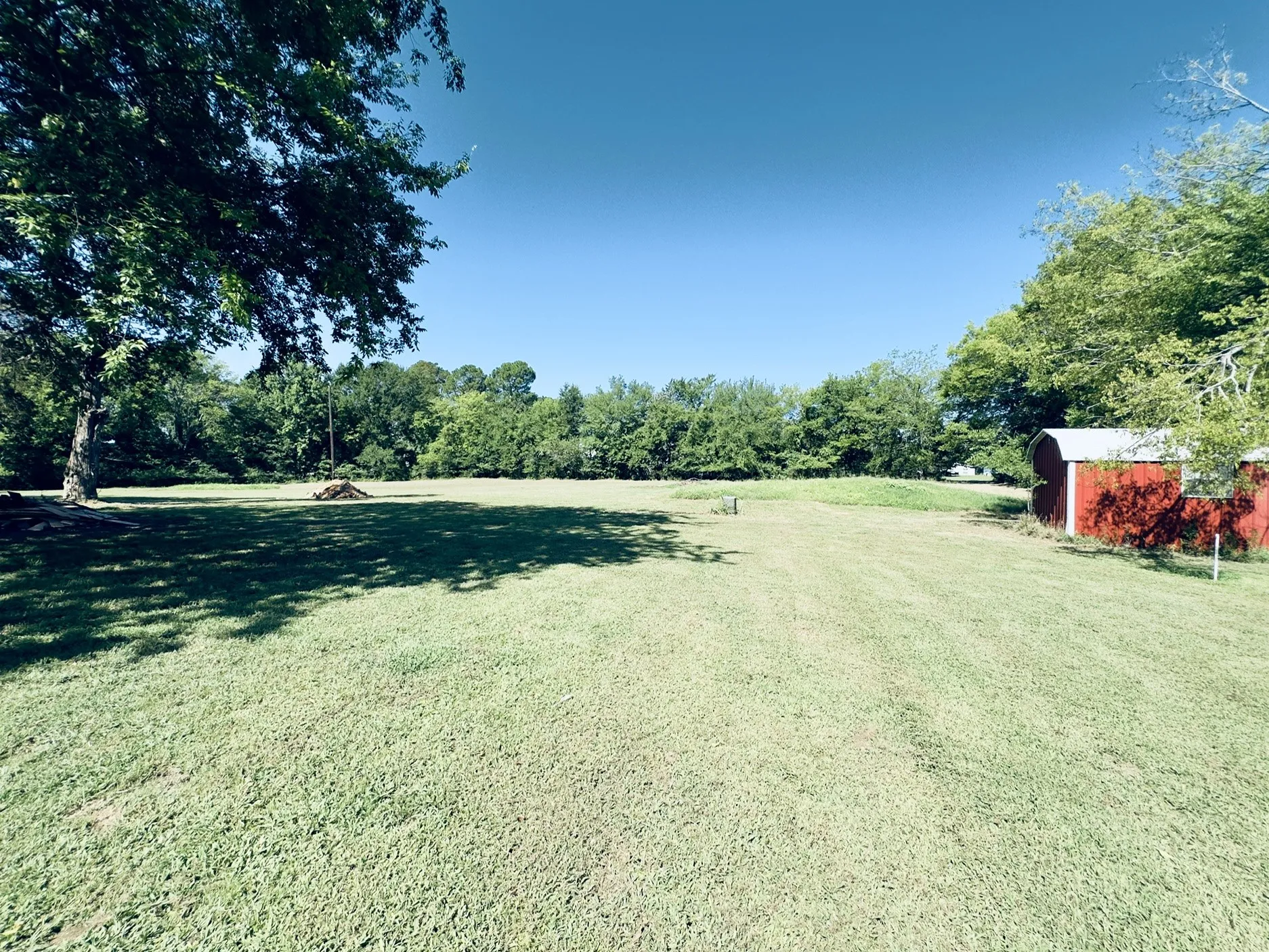 Expansive grassy area with mature trees and a red shed