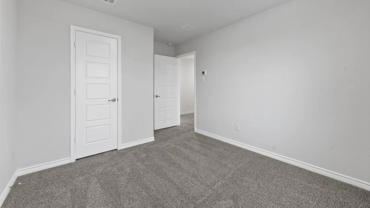 Plush gray carpeting, white trim, and white walls