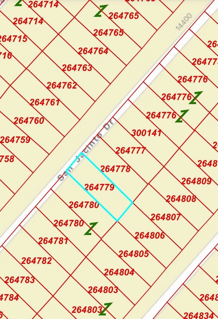 Real Estate Parcel Map. Illustrating the configuration of individual land parcels and their identification numbers along San Jacinto Dr, with parcel 264779 highlighted