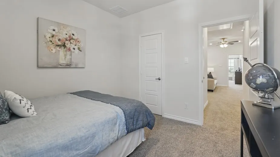 Soft gray wall paint, carpeted flooring, and a white paneled door
