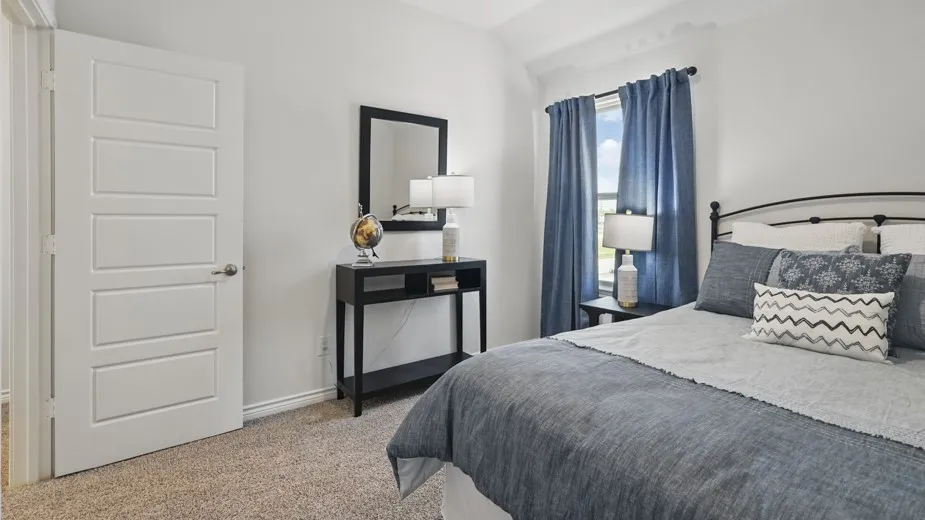 Neutral wall paint, plush carpet, window with drapes, and a five-panel interior door
