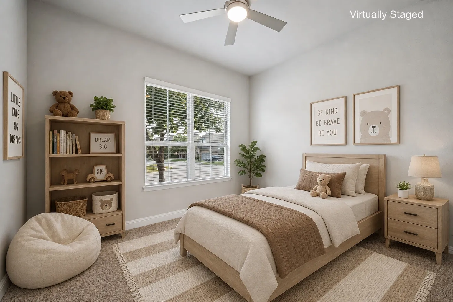 Spacious secondary bedroom featuring neutral finishes, plush carpeting, a ceiling fan, and a large window providing plenty of natural light.