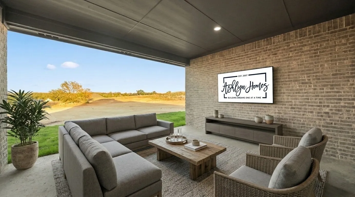 Covered patio featuring brick wall, recessed lighting, and concrete flooring