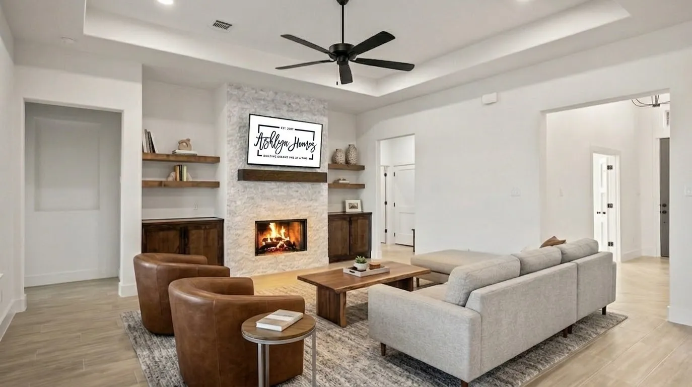 Living area featuring a stone-clad fireplace, integrated wood shelving, recessed lighting, and a tray ceiling with a ceiling fan