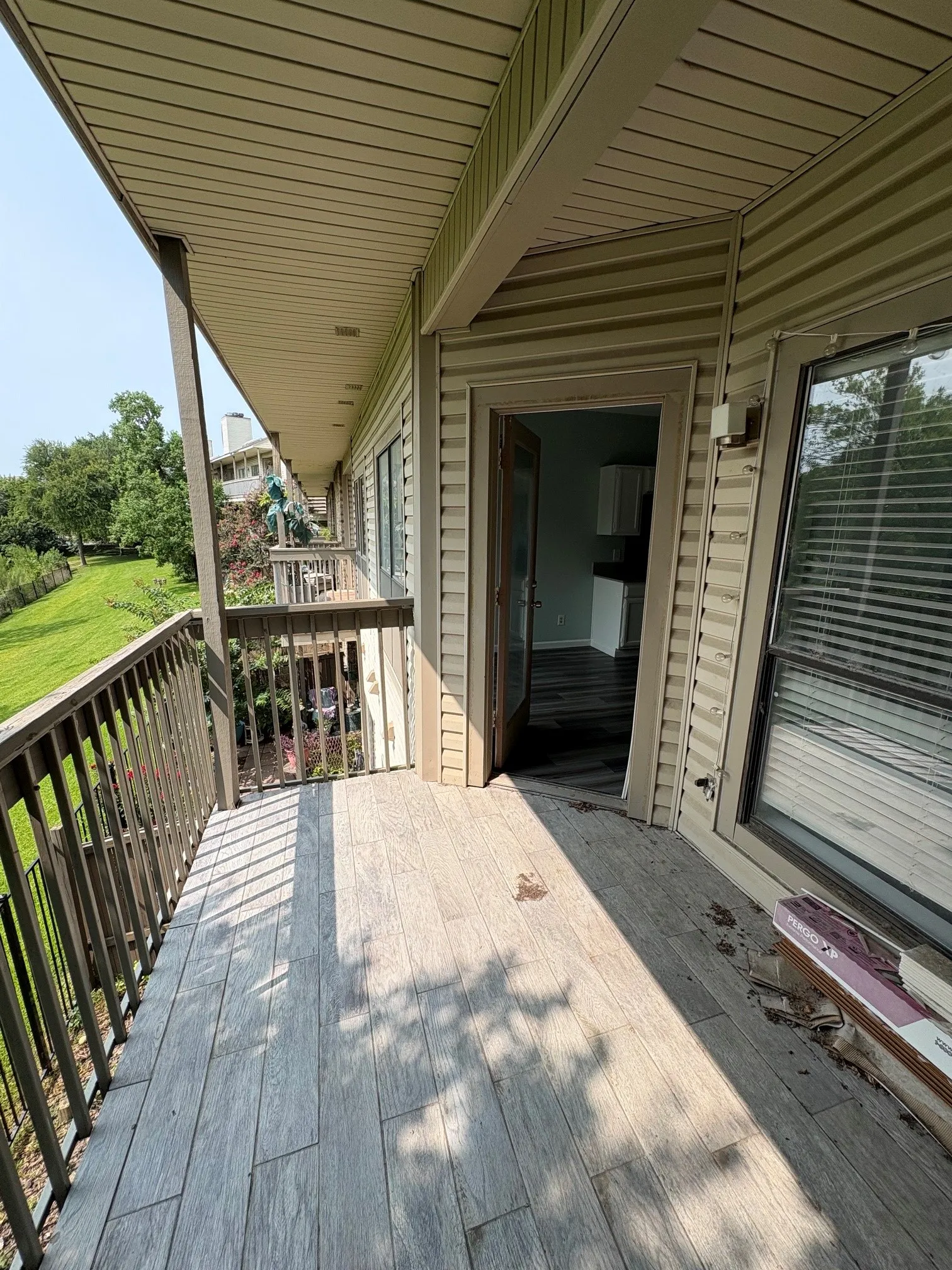Balcony with storage closet.