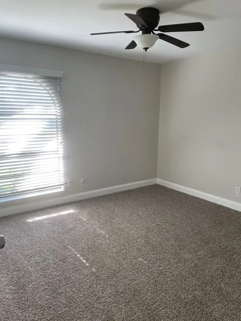 Plush carpeting, neutral wall tones, window with horizontal blinds, and a ceiling fan with integrated lighting