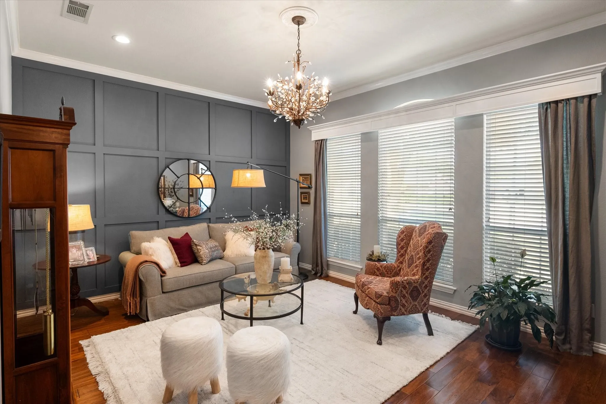 Custom accent wall and beautiful wood flooring