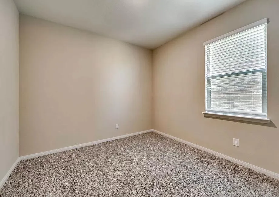 Neutral-toned walls, textured carpeting, and a white-framed window with blinds