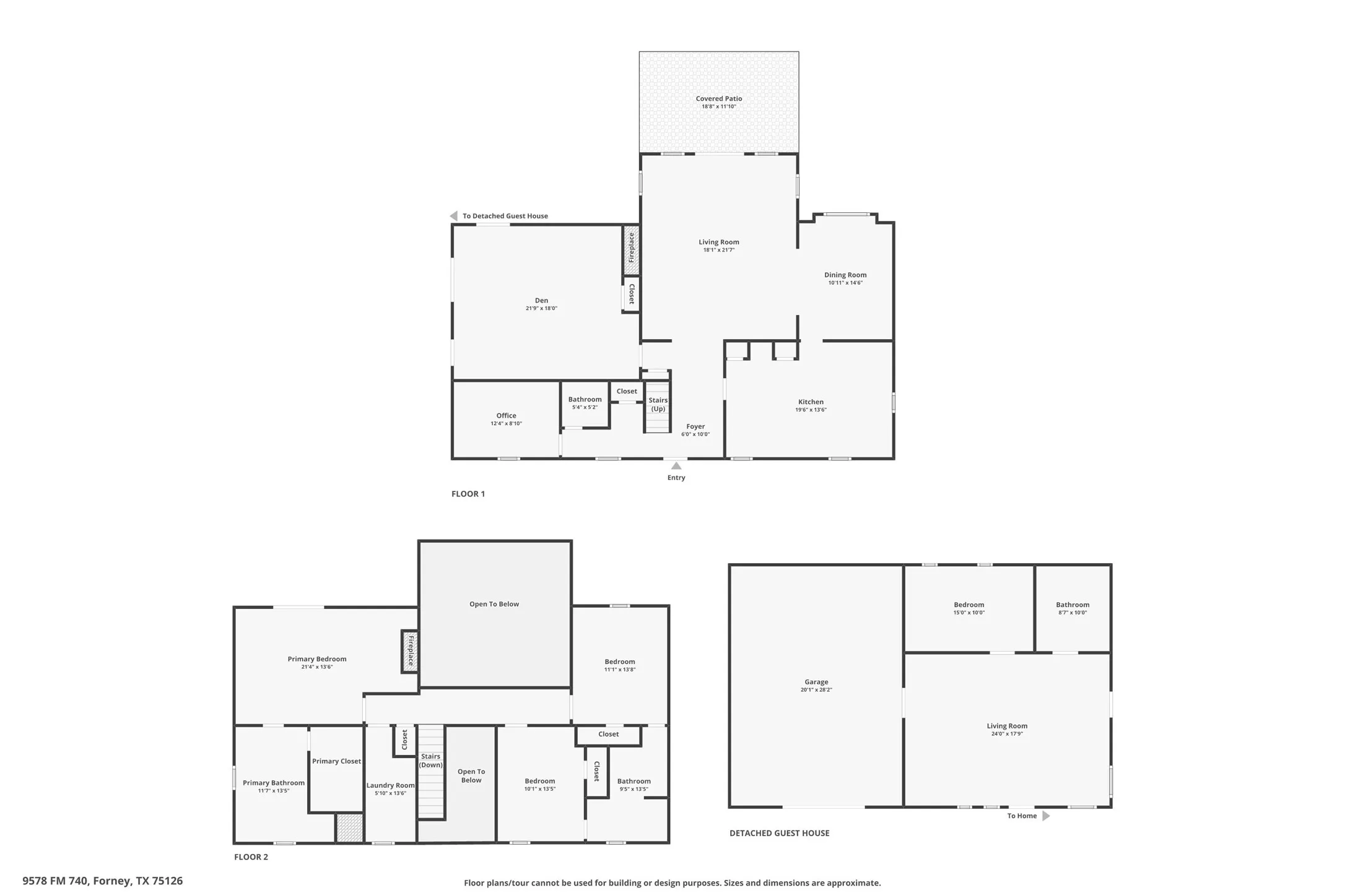Floor plan of 2 floors of the main house and the 1 bedroom 1 bath apartment.