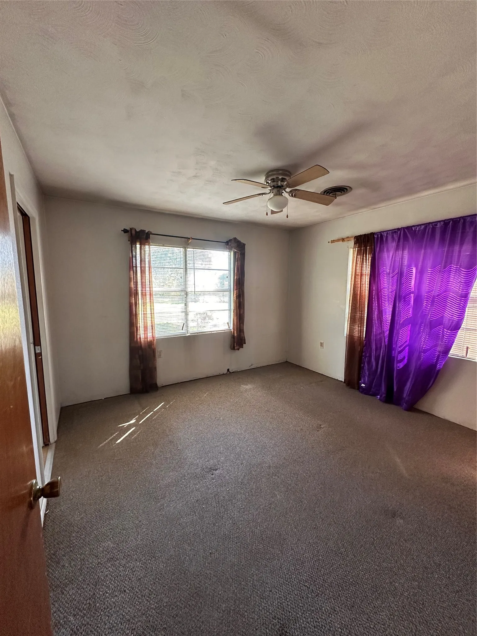 ceiling fan with light fixture, wall-to-wall carpeting, and a window with natural illumination