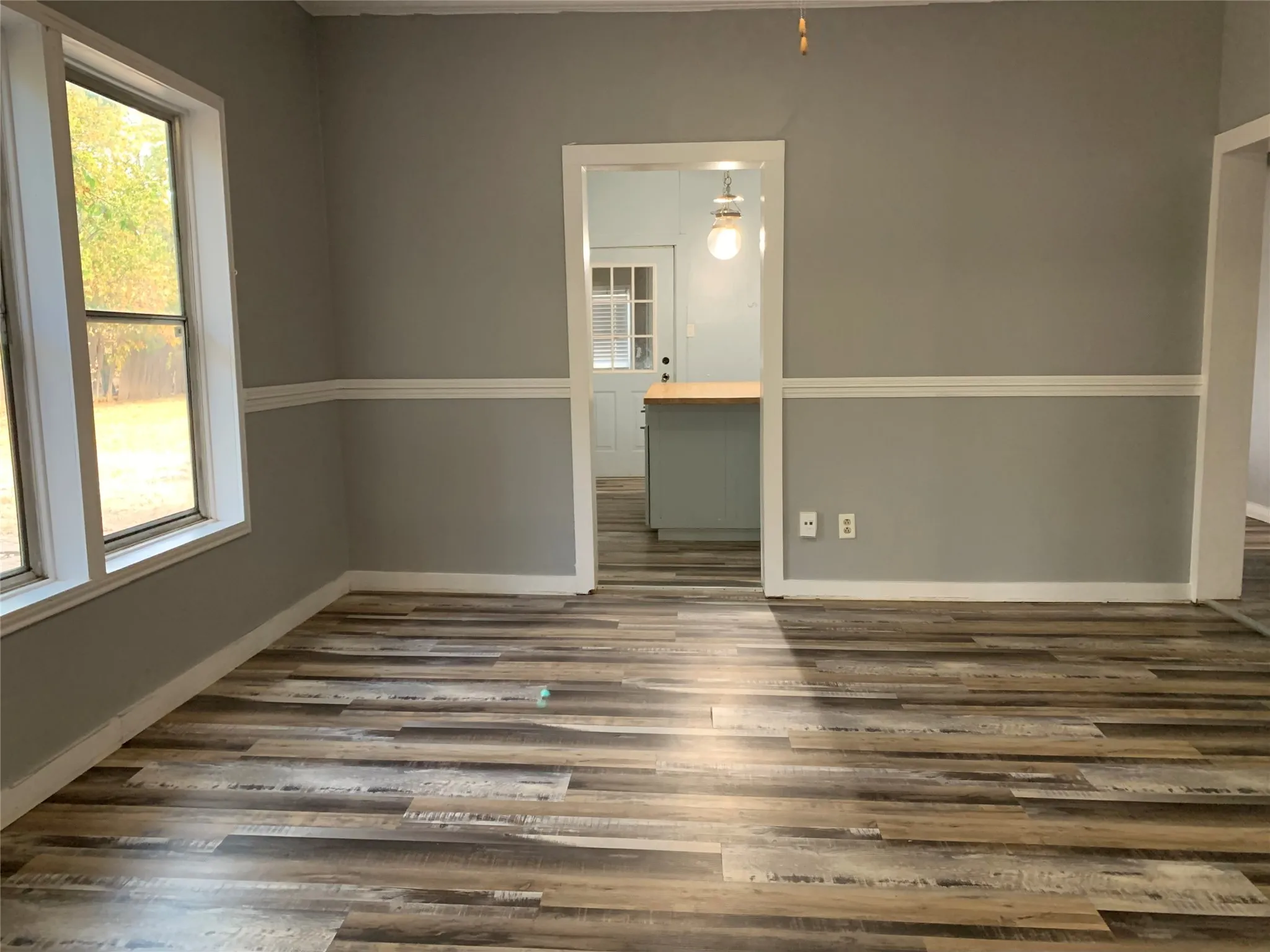 New paint and flooring in the Dining Room. Nice large windows for light.