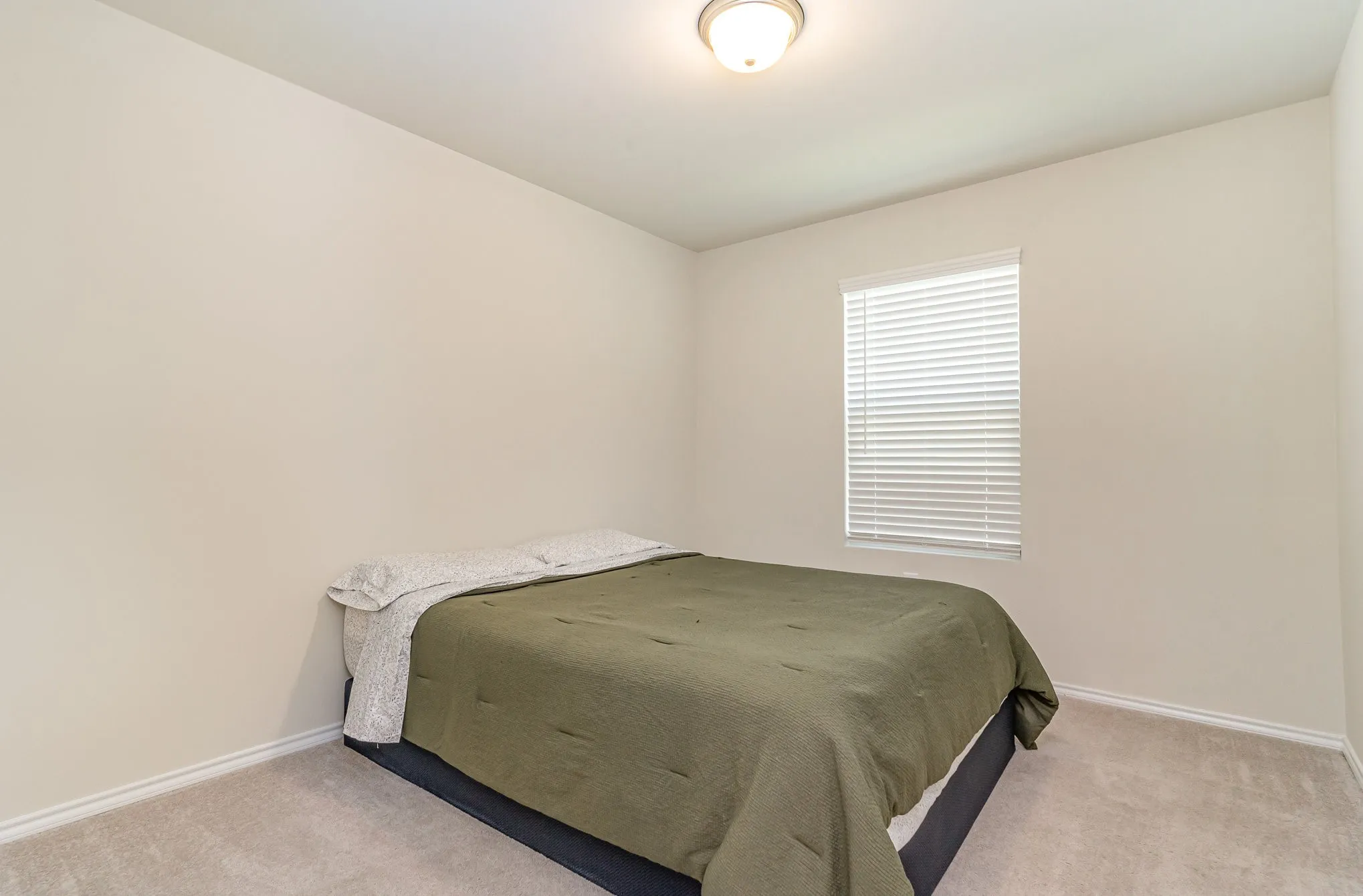 Neutral tone wall finishes, ceiling-mounted light fixture, window with horizontal blinds, and light-colored carpeting