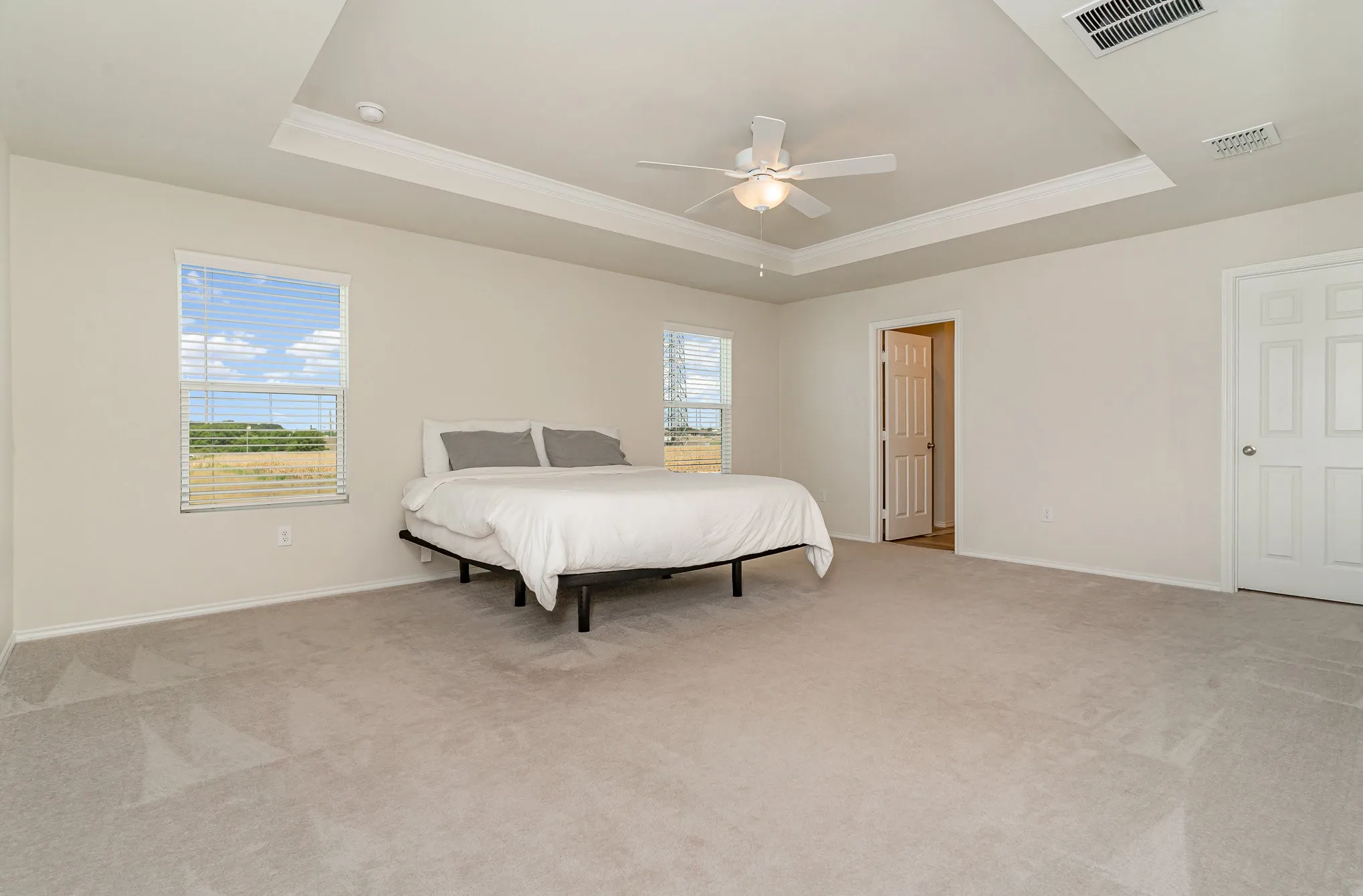 Tray ceiling with crown molding, ceiling fan, carpet flooring, two windows with blinds, and white panel doors