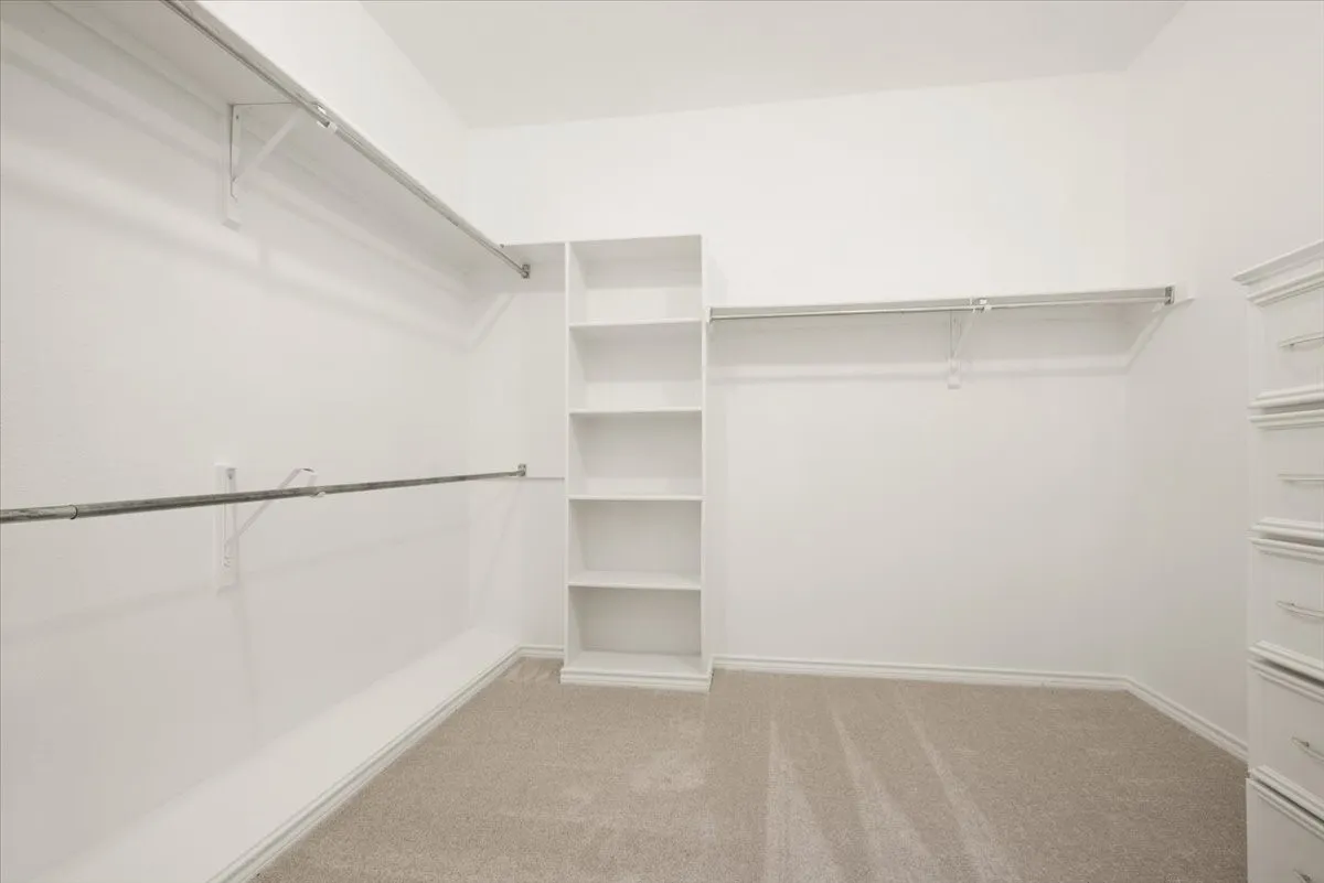 Walk-in closet with carpet flooring, built-in shelving, multiple hanging rods, and a built-in chest of drawers