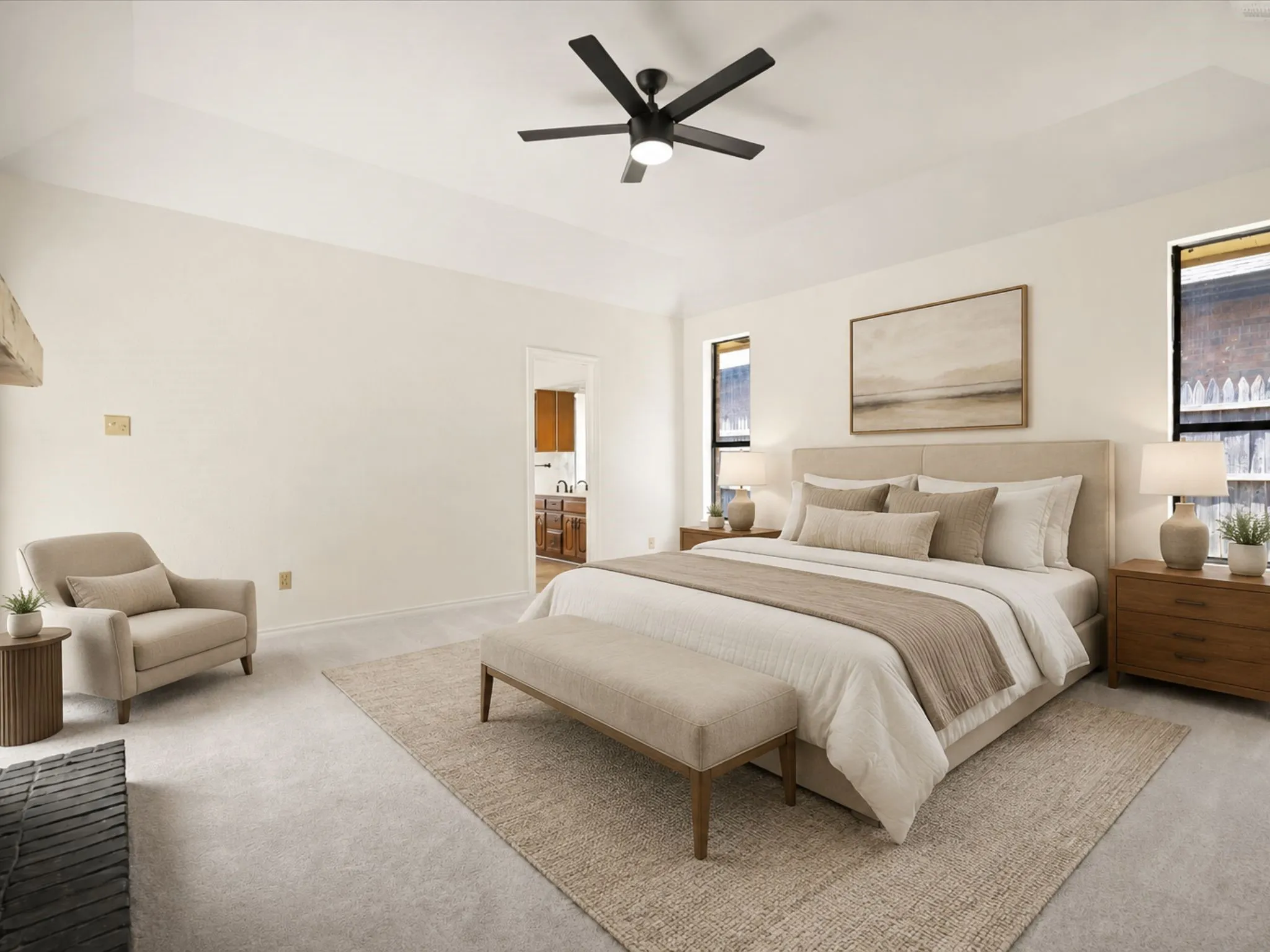 Vaulted ceiling with a contemporary ceiling fan, dual windows, and carpeted flooring