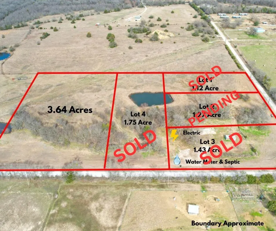 Aerial Property Survey Map. Depicting lot divisions, acreage allocations, and utility infrastructure including water, septic, and electrical service locations for the property