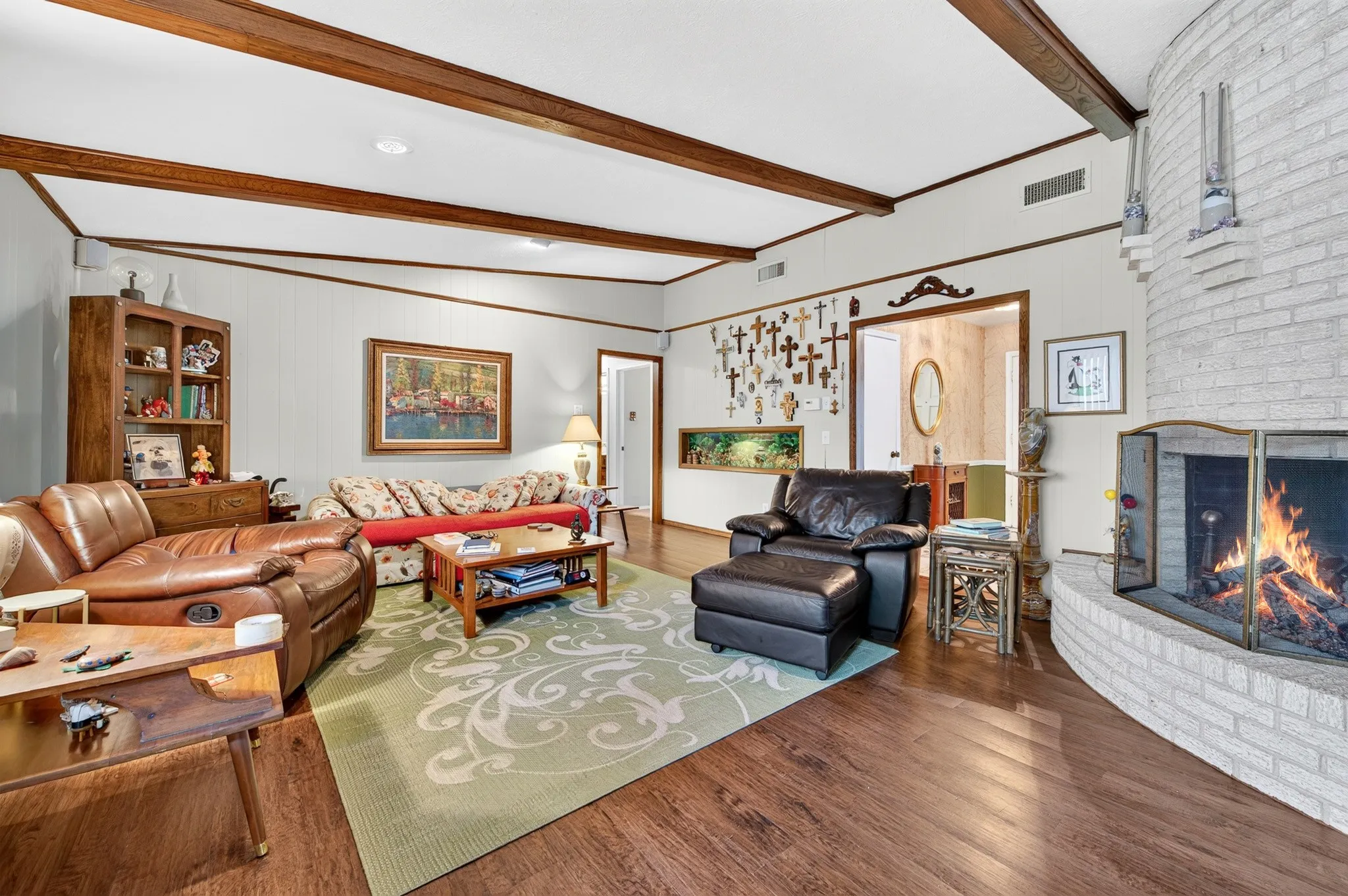 Vaulted ceiling and fireplace in Den