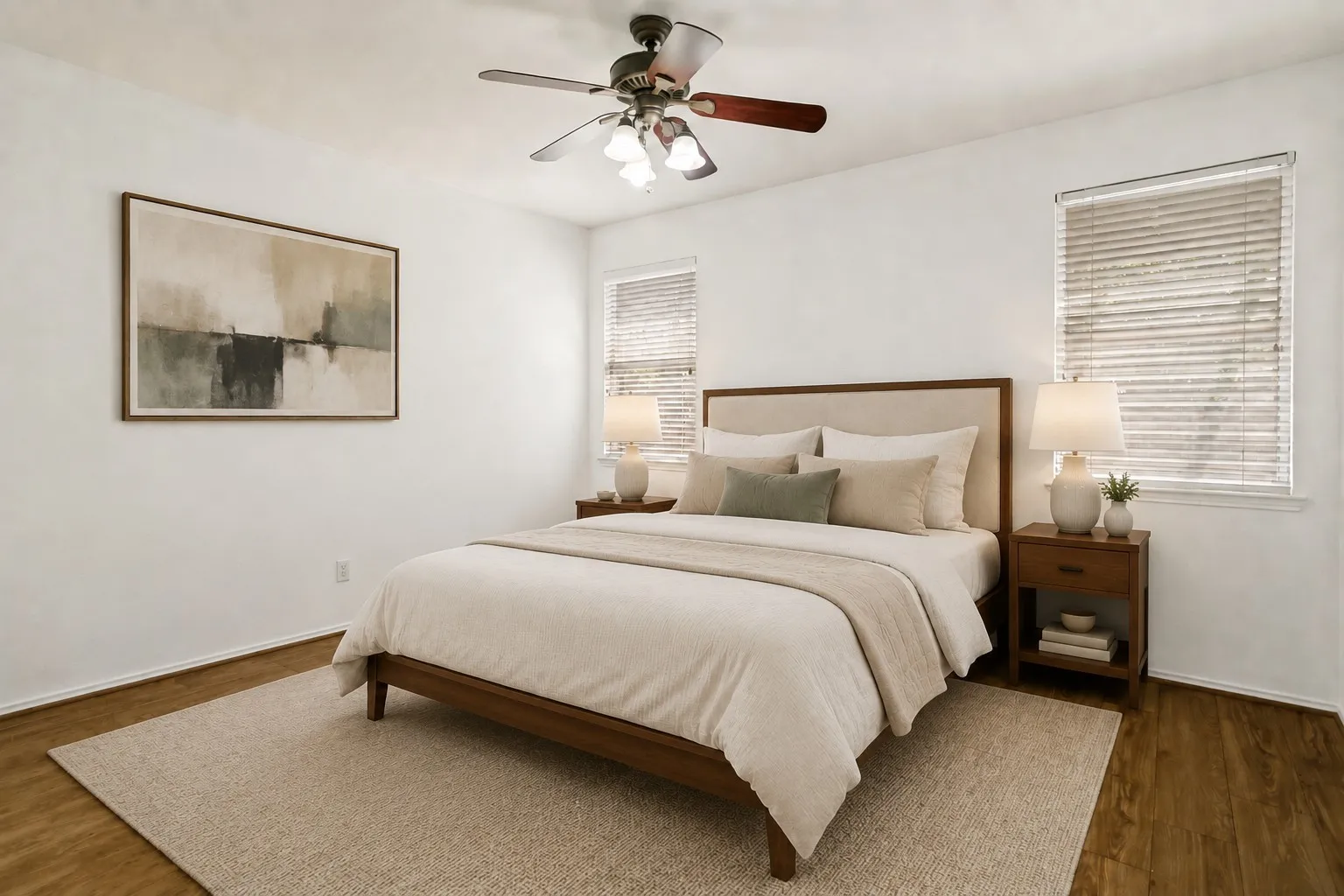 Hardwood-style flooring and bright white walls