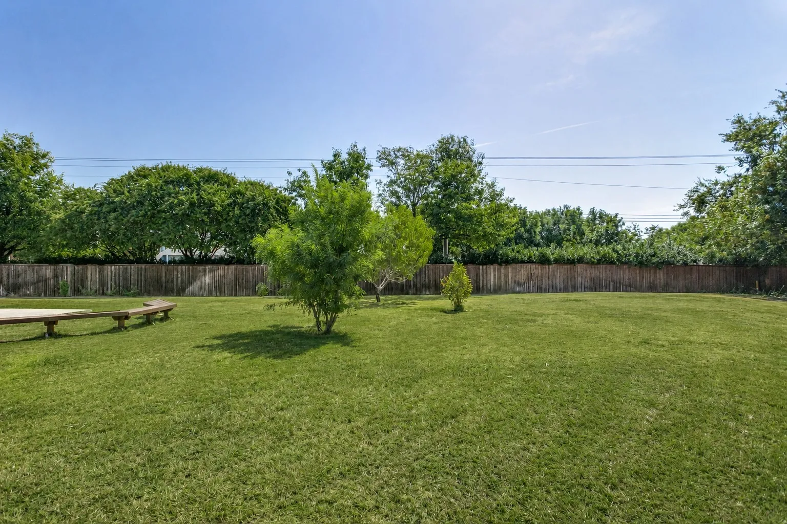 Expansive green lawn with a privacy fence and mature trees