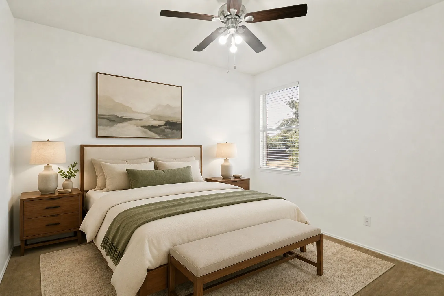 Recessed window with blinds, ceiling fan with integrated lighting, and neutral wall finishes