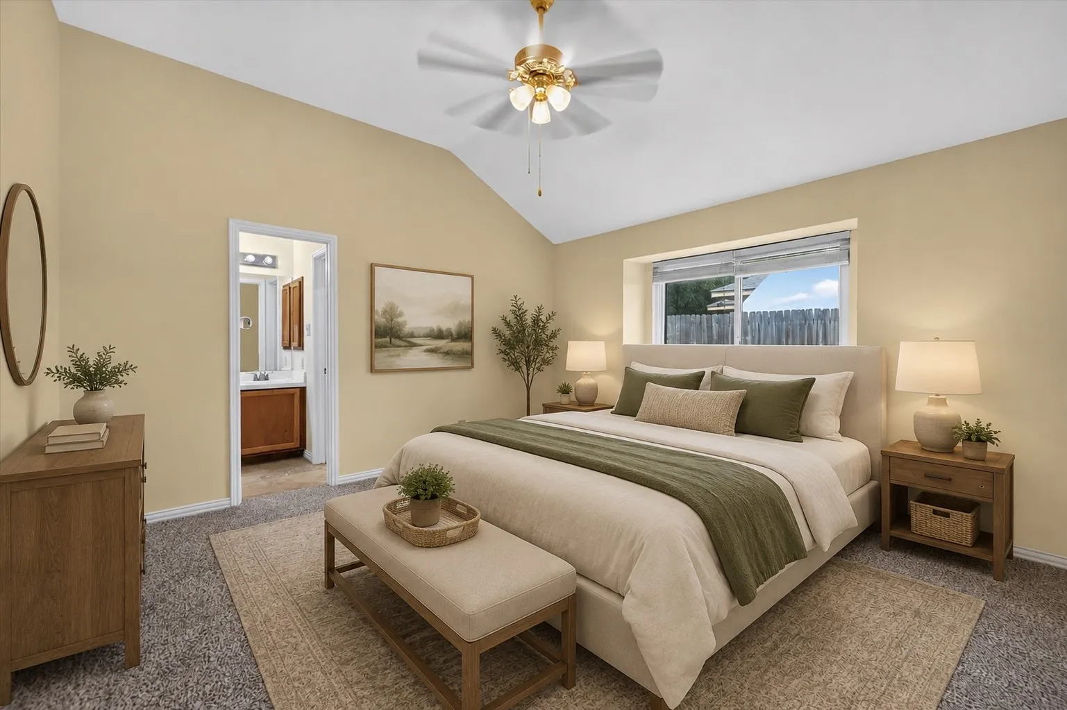 Primary bedroom easily holds king size bed, 2 end tables, and dresser with TV