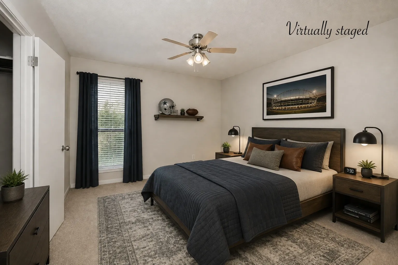 The primary retreat has ensuite access to the bath.