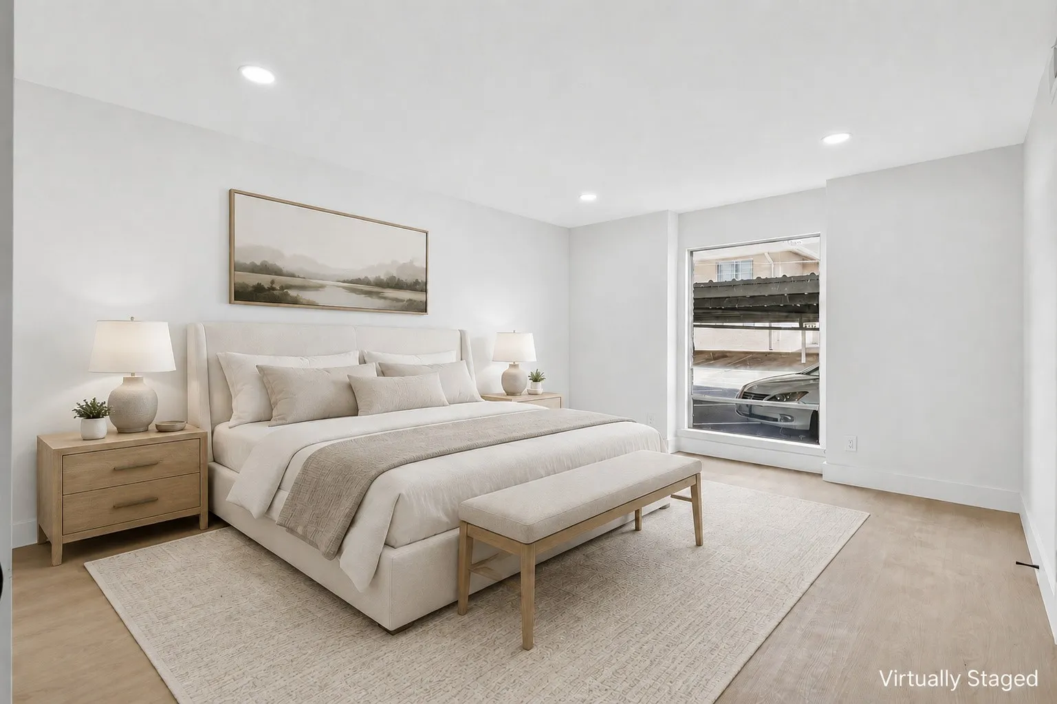 Recessed lighting, light wood-finish flooring, and a large window