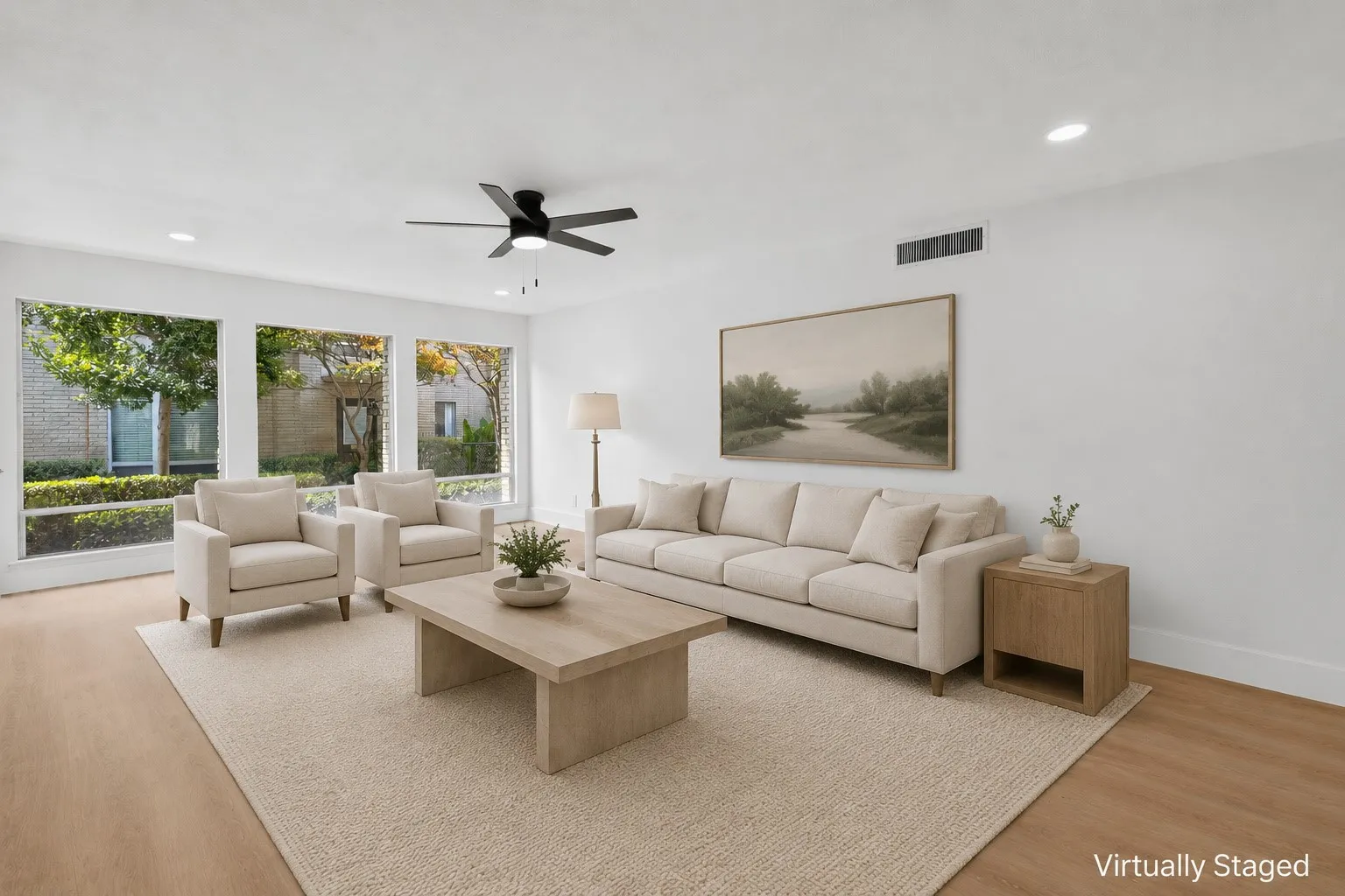 Recessed lighting, wood-finish flooring, a ceiling fan, and large windows